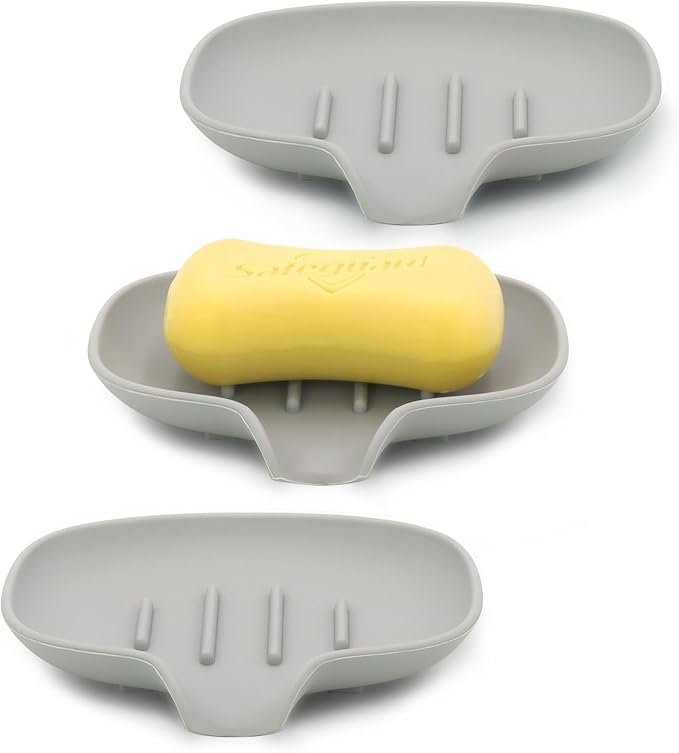3 Pack Soap Bar Holder, AIMAIAIMAI Self Draining Soap Dish, Quick Drainage, Soap Dishes for Bathroom, Shower, Silicone Soap Tray for Kitchen, BPA-Free, Dishwasher Safe (Gray)