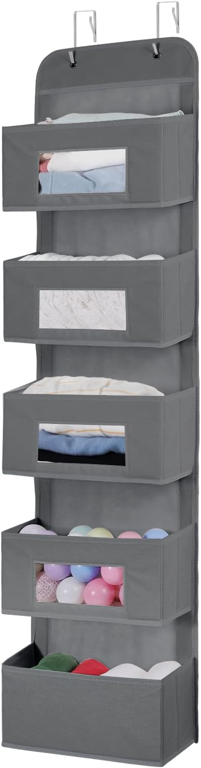 MAX Houser 5-Shelf Over The Door Hanging Organizer with 2 Metal Hooks, 5 Pocket Over The Door Wall Mount Storage with Clear Windows for Baby Nursery Bathroom Closet,Bedroom,Dorm,Diapers,Kids Toy(Gray)