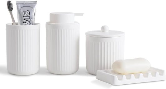 Ceramic Bathroom Accessories Set,Lotion Soap Dispenser and Toothbrush Holder Set, Soap Dish, Apothecary Jars,Rustic Farmhouse Decor, Bathroom Home Decor (White Set, Liquid)