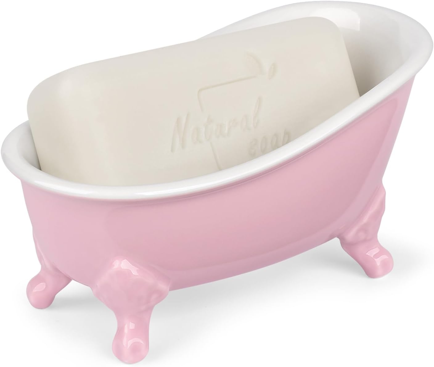 6.1" Vintage Ceramic Mini Decorative Clawfoot Bathtub Bar Soap Dish, Kitchen Sponge Holder and Shower Tray for Bathroom, 1 Pack (Pink)