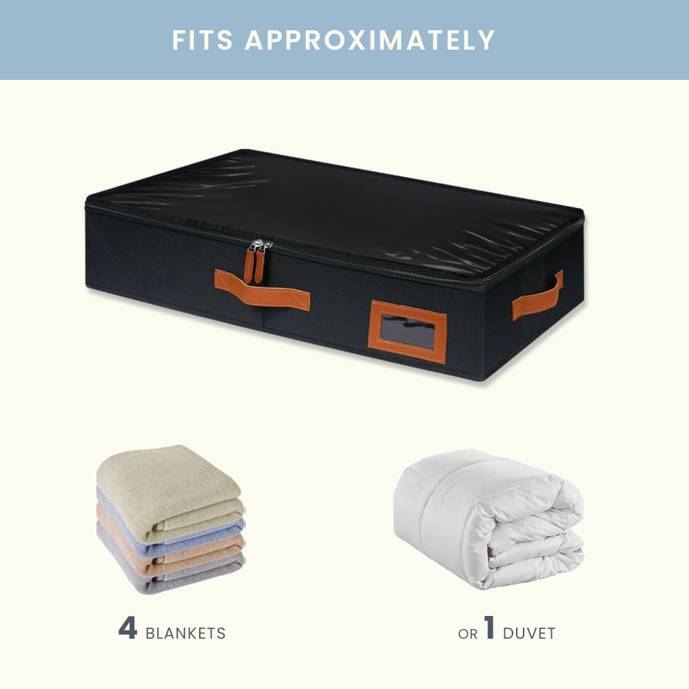 OrganiHaus Under Bed Storage Containers, Bedroom Storage and Organization Bins, Clothes Organizer for Closet with Clear Cover and Reinforced Handles - Set of 2 23.5x12.5x5 inches Black