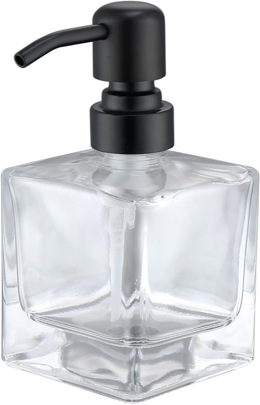 Square Bathroom Soap Dispenser Black, 8.4 oz Glass Bottles with Stainless Steel Pump Cube Liquid Hand Soap Dispenser Kitchen