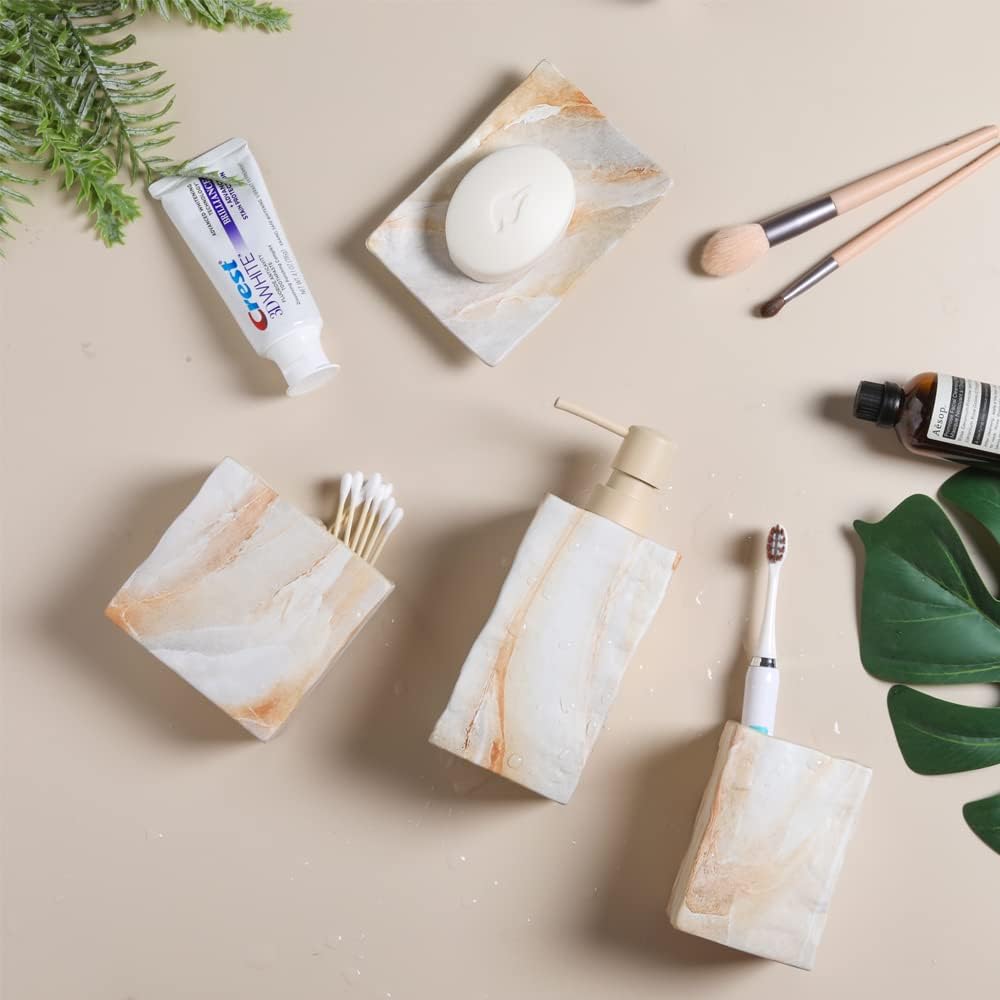 Bathroom Accessories Set 4 Pcs Marble Look Sets Toothbrush Holder Soap Dispenser Counter Top Ceramic Bathroom Decor Set Beige