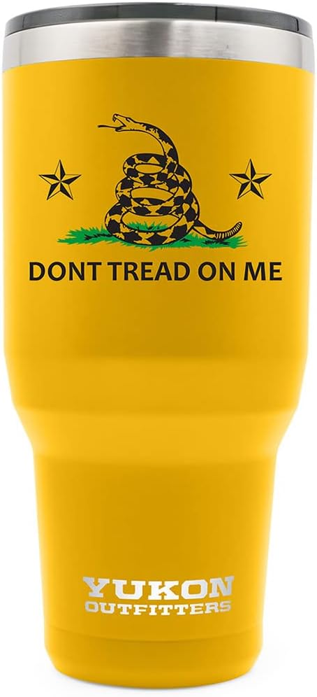 Yukon Outfitters Freedom High Grade 18/8 Stainless Steel Double Wall Vacuum Insulated Tumbler (40oz / 1183ml) - 8.8" H x 4.2" Top Dia. / 3" Bottom Dia., Gold with 'Don't Tread on Me' printed logo