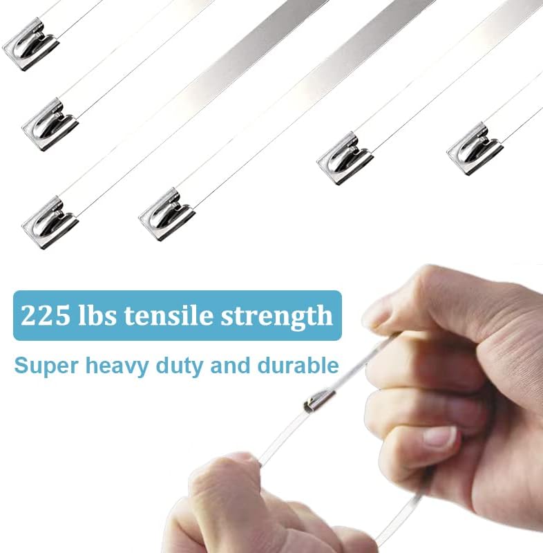 HS Metal Zip Ties Stainless Steel Cable Tie 11.8 Inch (100 Pack) Extra Heavy Duty Self-Locking Strap Ties 225 Lbs Perfect for Exhaust,Fence Outdoor,Automotive