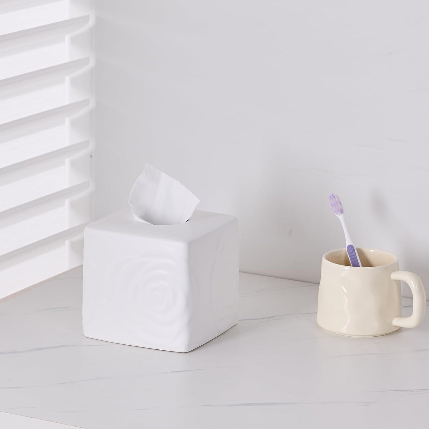 White Ceramic Rose Tissue Box Cover, Carved Flowers Large Square Tissue Box Holder Decorative for Bathroom, Vanity, Kitchen Countertop, Bedroom Night Stands, Office Desk Top