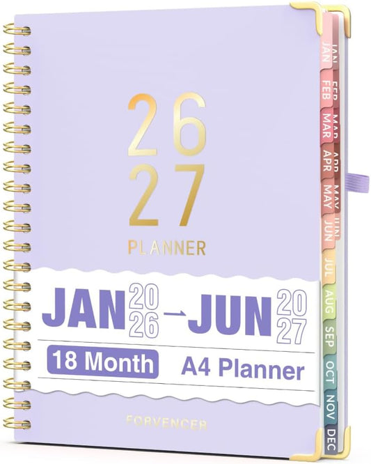 Forvencer Planner 2026-2027, 18 Month Weekly and Monthly Calendar Planner, Jan 2026 -June 2027, 8.5" x 11", Daily Agenda Book with Tabs, College Organizer Notebook, School Supplies for Student Teacher Classroom, A4, Purple
