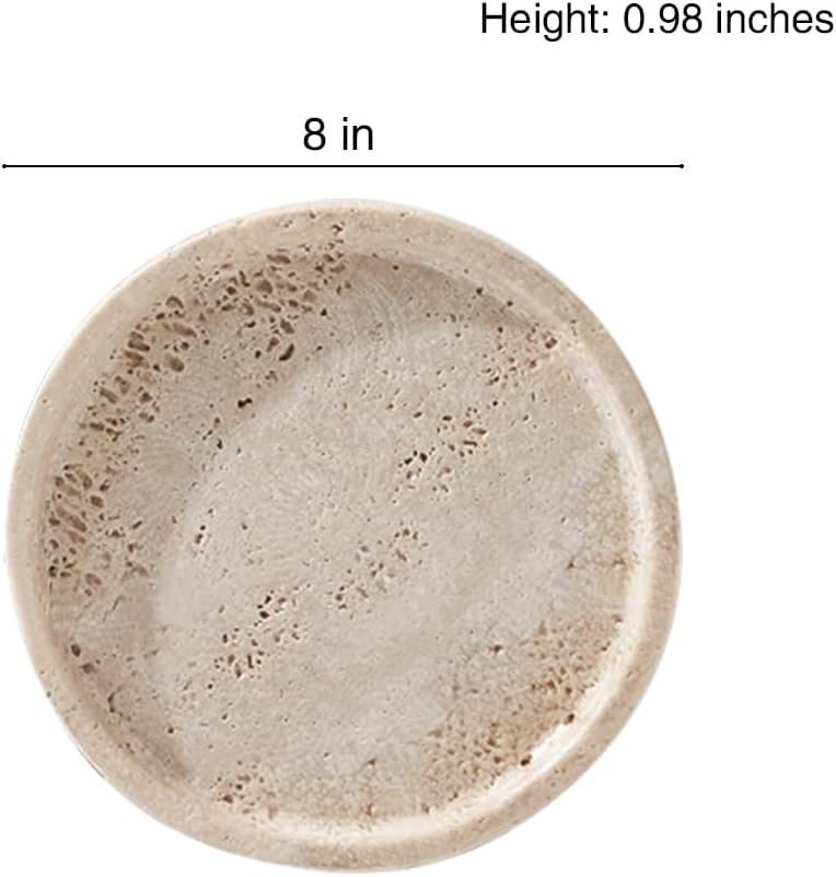 Travertine Tray, Small Ceramic Vanity Tray for Bathroom Counter Decor, Round Marble Decorative Trays for Coffee Table (Beige, Medium Size)