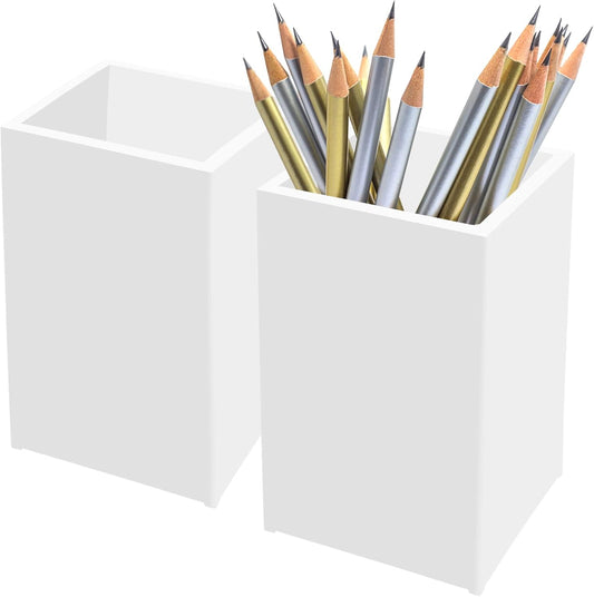 White Acrylic Pencil Pen Holder Cup 2 Pack,Desk Accessories Holder,Makeup Brush Storage Organizer,Modern Design Desktop Stationery Organizer for Office School Home Supplies,2.6x 2.6x 4 inches