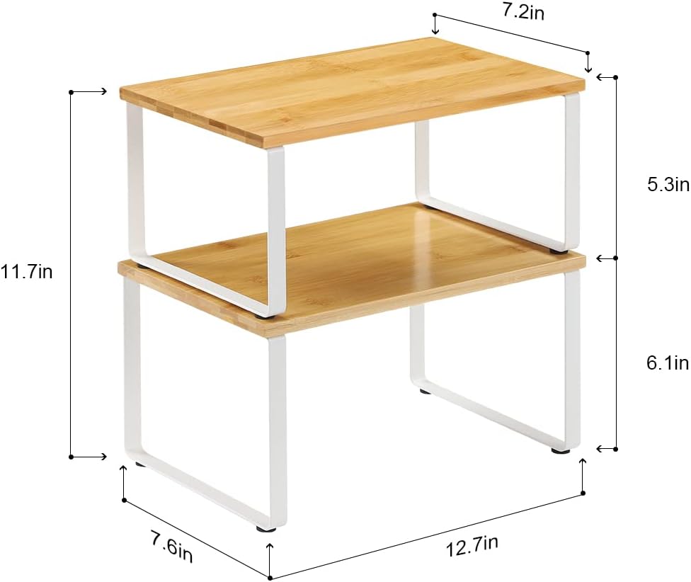 NEX Bamboo Kitchen Cabinet and Counter Shelf Organizer, Stackable & Expandable, Set of 4, White and Natural