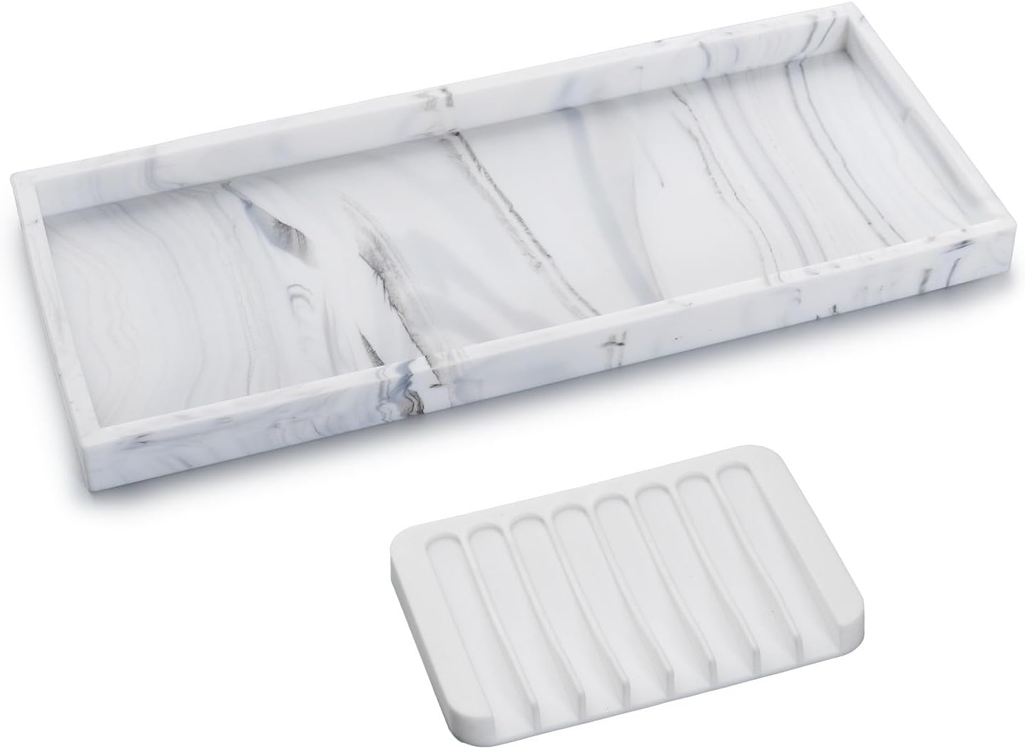 Bloss Small Bathroom Vanity Tray with Soap Dish, 8 x 4 inch Silicone Marble Tray for Kitchen Counter,Toilet Tank Storage,Perfume Trays for Dresser, Jewelry, Candle, Key