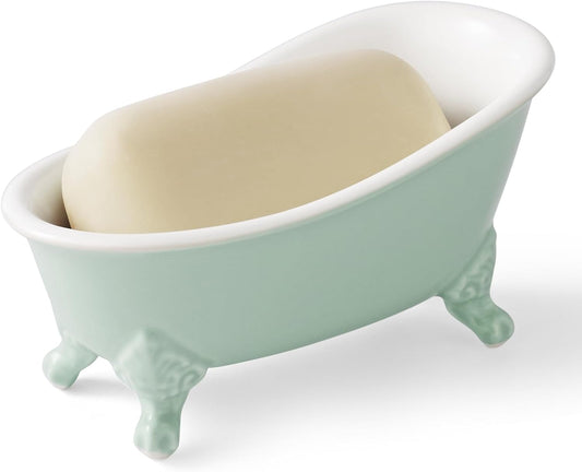 6.1" Vintage Ceramic Mini Decorative Clawfoot Bathtub Bar Soap Dish, Kitchen Sponge Holder and Shower Tray for Bathroom, 1 Pack (Bright Teal)
