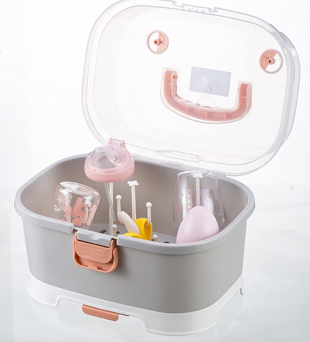 Zdolmy Baby Bottle Drying Rack Storage, Large Nursing Bottle Storage Box Organizer with Cover, Portable Kitchen Cabinet Organizer, Easy to Clean Drainer, Grey