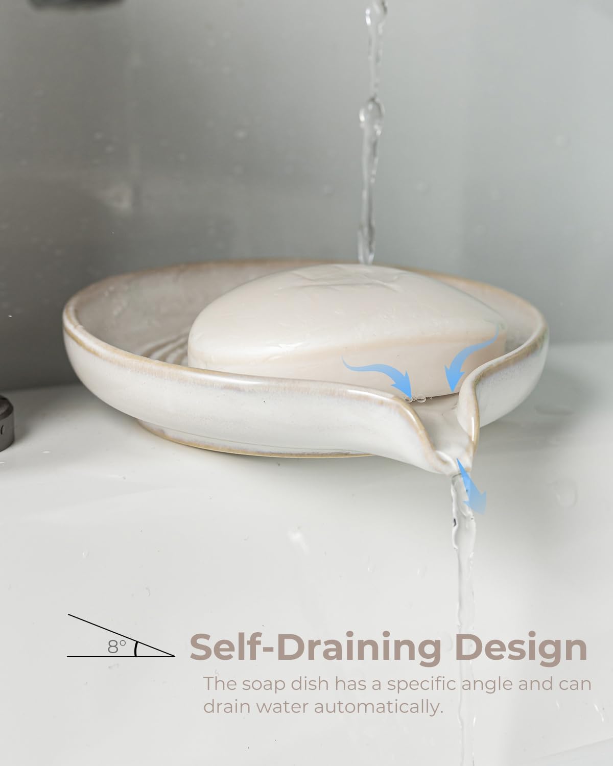 Soap Dish with Drain, Ceramic Soap Holder Self Draining Bar Soap Saver with Waterfall Design for Shower Bathroom Kitchen Sink Bathtub, Beige White