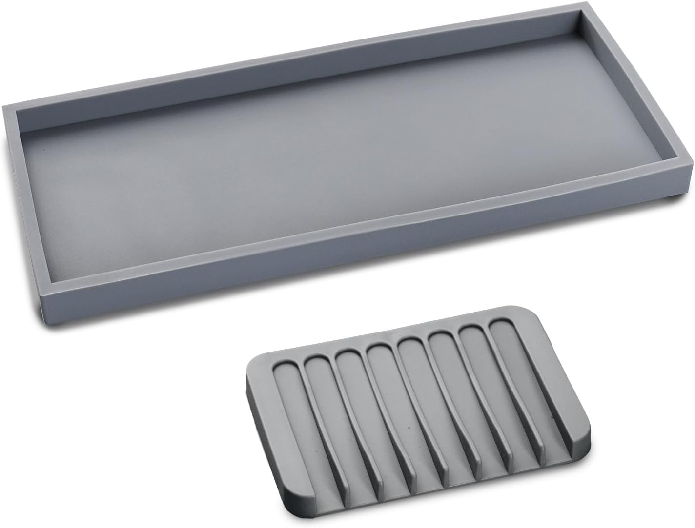 Bloss Silicone Counter Tray Set for Bathroom/Kitchen - 7.9" Bathroom Soap Dispenser Tray and Soap Holder, Silicone Vanity Trays Countertop Organizer for Scrubber, Perfume, Jewelry, Candle