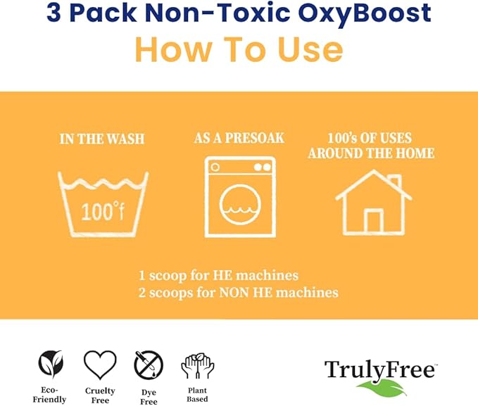 Truly Free OxyBoost - Oxygen Whitener & Clothes Stain Remover Laundry Detergent Powder with Sodium Percarbonate - Brightens Whites & Safe for Colors - Non-Chlorine, Gentle Yet Powerful - Pack of 3