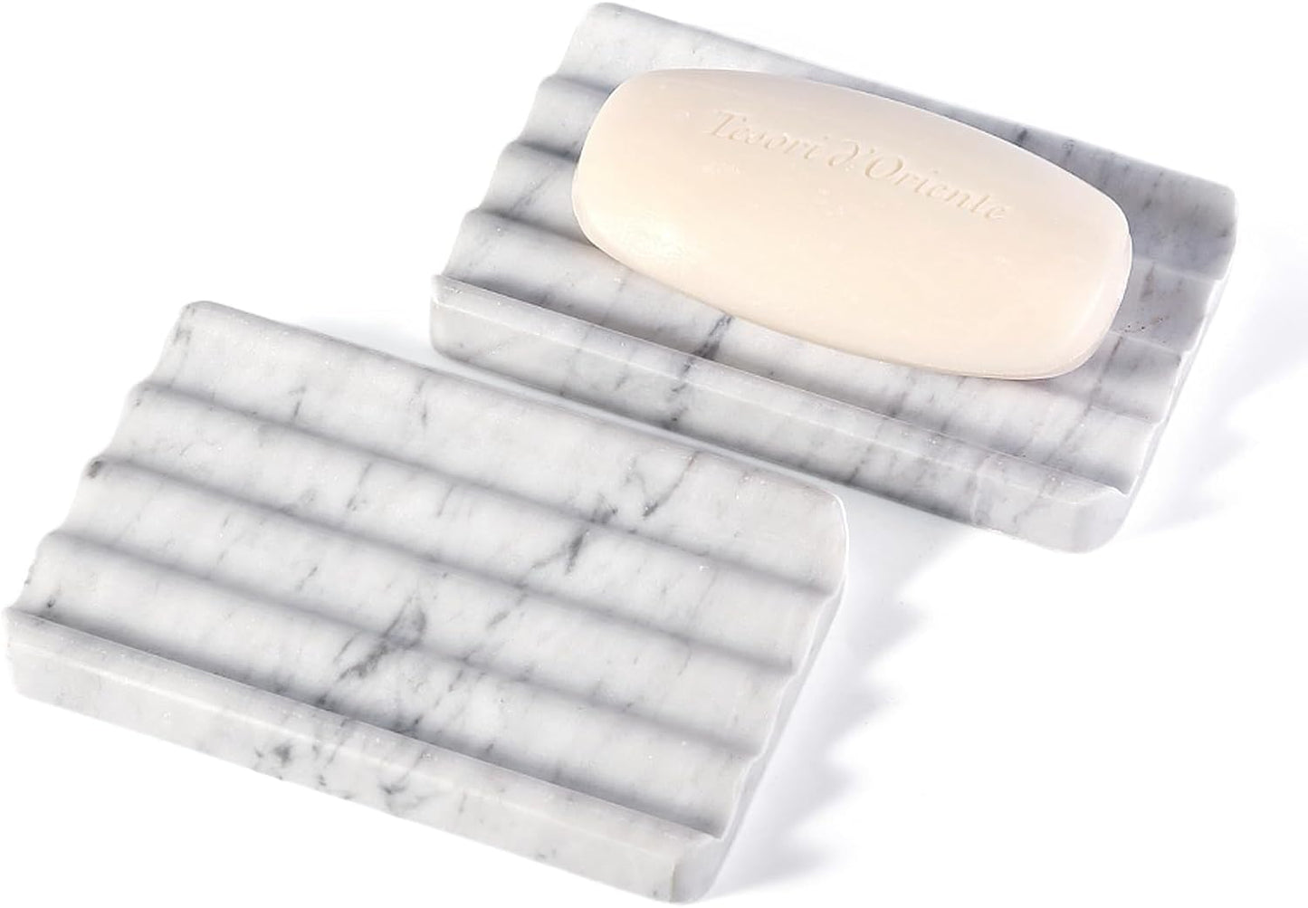 2PCS Koville Italian Natural Marble Soap Dish for Shower, Stone Soap Tray for Bathroom, Bar Soap Holder for Sink, Stripe Grooves Saver Keep Bars Dry Easy Clean (Bianco Carrara)