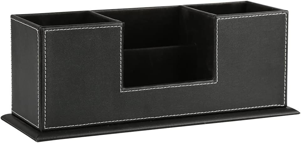 KINGFOM Office Supplies Desk Organizer PU Leather Storage Box 4 Divided Compartments for Pen Business Card Remote Control Mobile Phone Cosmetics Collection Holder (Black)