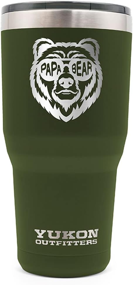 Yukon Outfitters Freedom High Grade 18/8 Corrosion-Resistant Stainless Steel Double Wall Vacuum Insulated Tumbler (30oz / 890ml) - 7.85" H x 3.9" Top Dia. / 2.9" Bottom dia., Papa Bear - Olive Drab