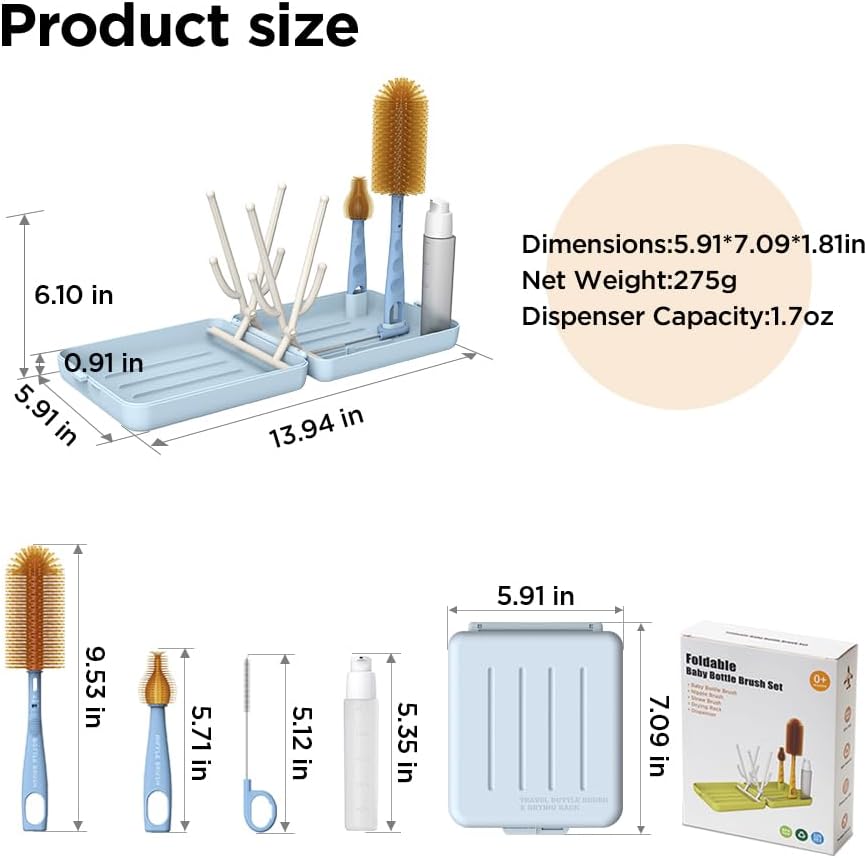 Travel Bottle Brush with Portable Bottle Drying Rack, Baby Bottle Brush for Baby Travel Essential, Blue