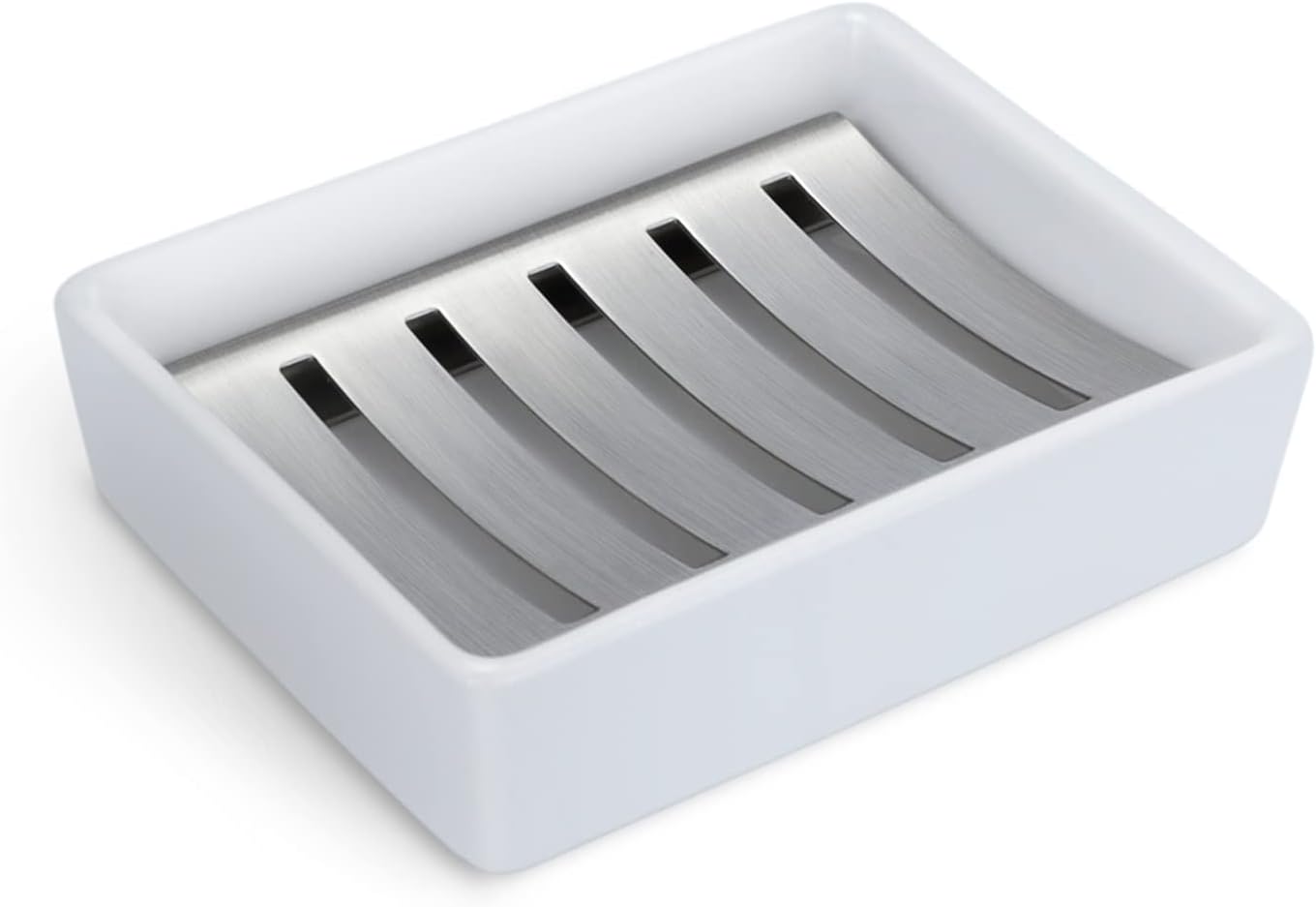 Soap Dish for Bar Soap, Bathroom Soap Holder for Shower, White Ceramic Soap Tray with Stainless Steel Draining Holder