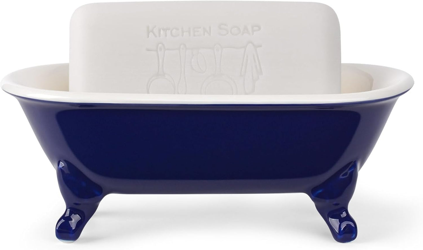 6.5" Ceramic Mini Decorative Clawfoot Bathtub Bar Soap Dish, Kitchen Sponge Holder and Shower Tray for Bathroom, 1 Pack(Navy Blue)