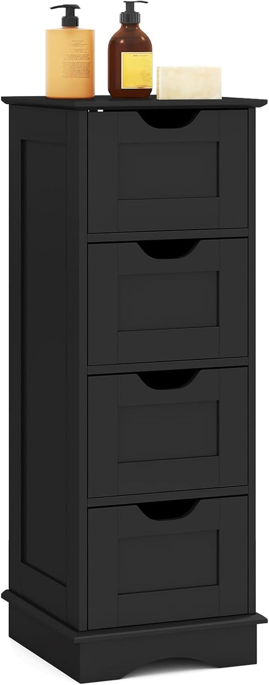 LOKO Bathroom Storage Cabinet with 4 Drawers, Narrow Floor Standing Cabinet with Cut-Out Handles, Anti-toppling Device, Home Storage Organizer Unit for Laundry Room, Living Room, Entryway (Black)