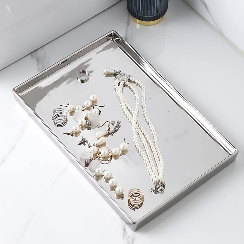 Silver Ceramic Jewelry Mirror Tray Vanity Holder Rectangular Mini Small Medium Large