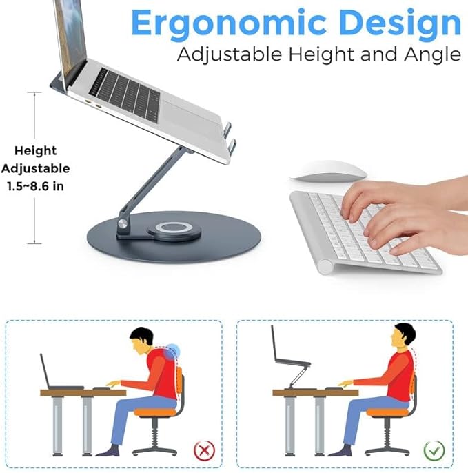 Swivel Laptop Stand for Desk, Adjustable Height Aluminum Computer Stand with 360 Rotating Base, Foldable Ergonomic Riser, Portable Laptop Holder Compatible with MacBook, All Laptops 10-17'', Grey
