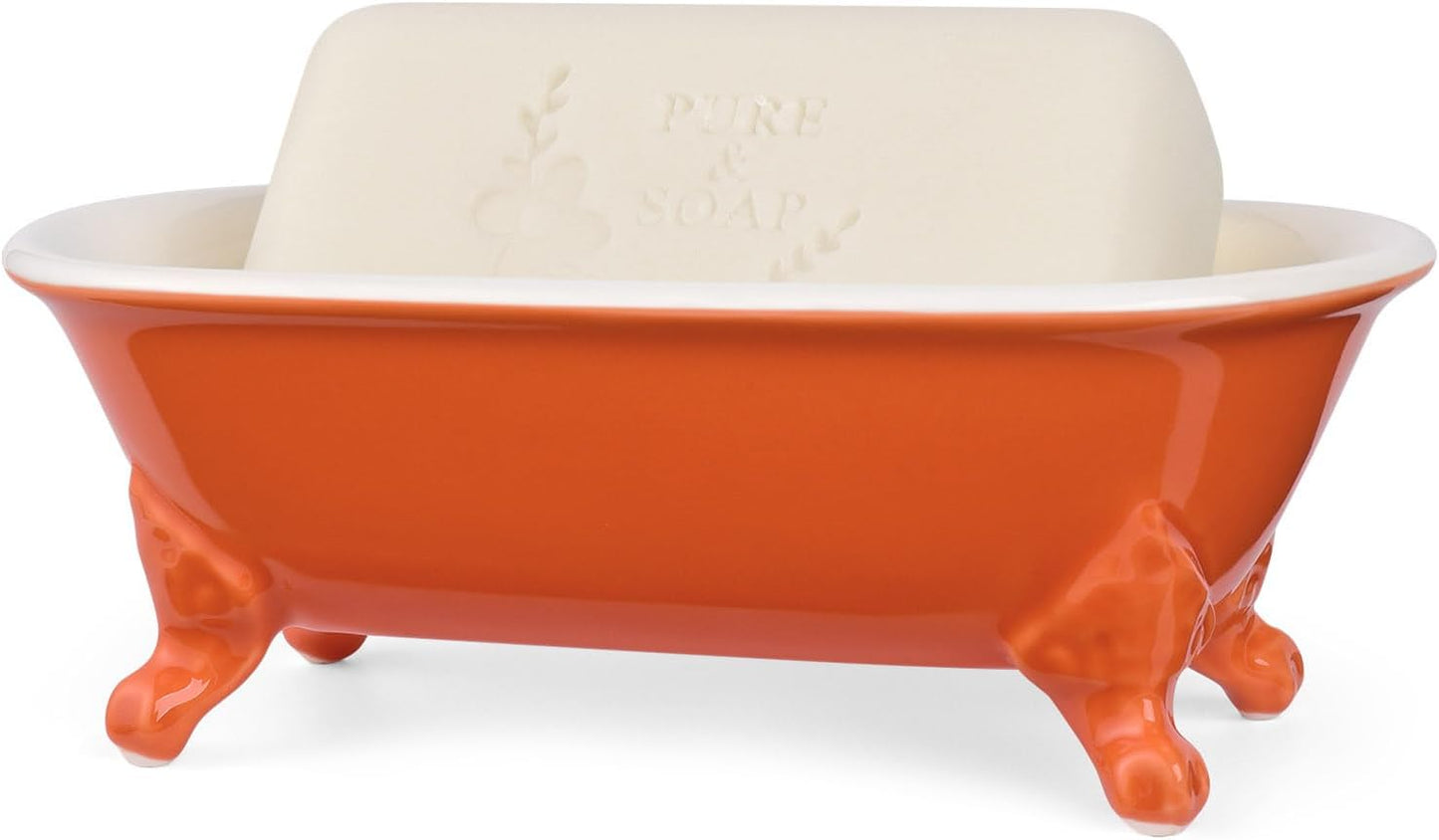 6.5" Ceramic Mini Decorative Clawfoot Bathtub Bar Soap Dish, Kitchen Sponge Holder and Shower Tray for Bathroom, 1 Pack(Dark Orange)