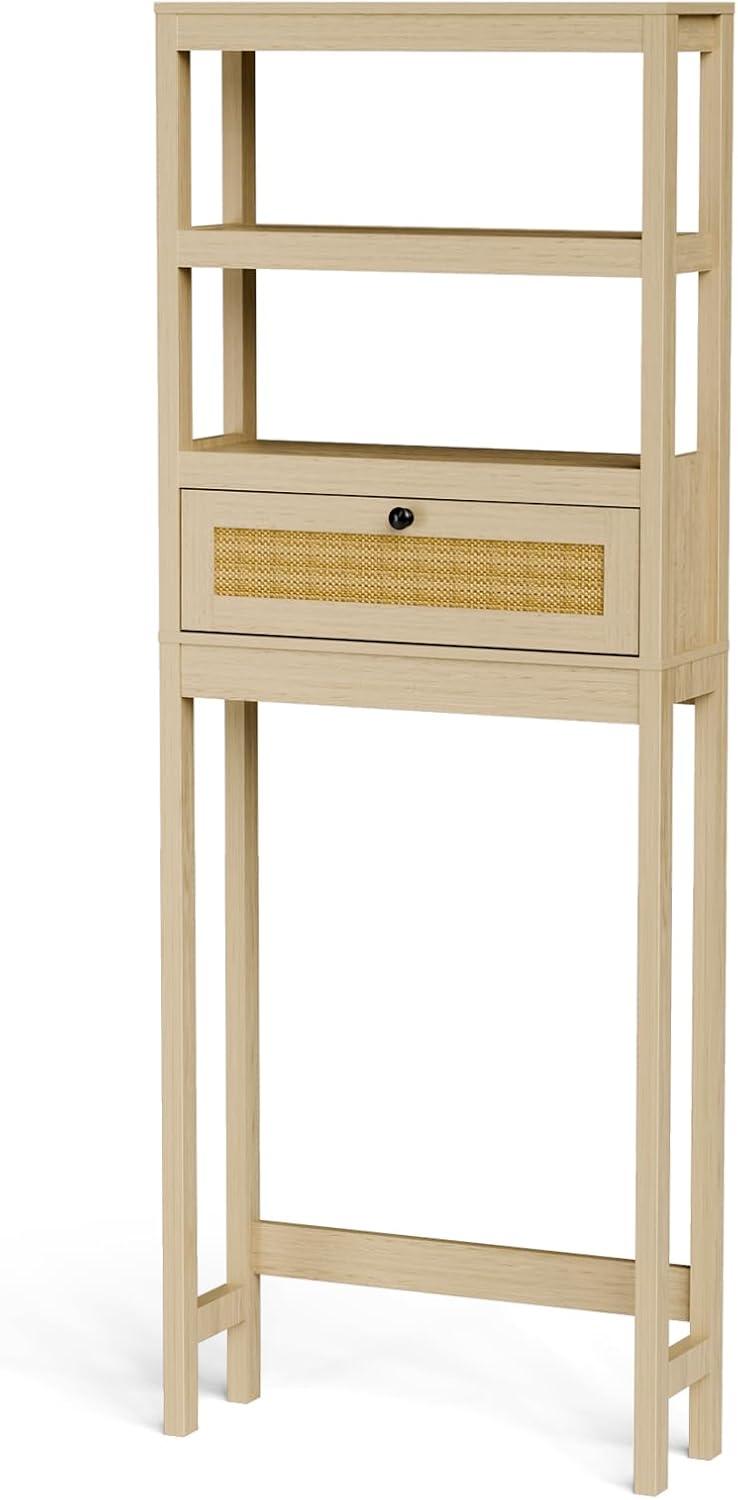 Over The Toilet Storage Cabinet, 3-Tier Behind Toilet Bathroom Organizer, Wooden Above Toilet Storage Shelf with Rattan Door, Space Saver for Restroom, Bathroom, Laundry