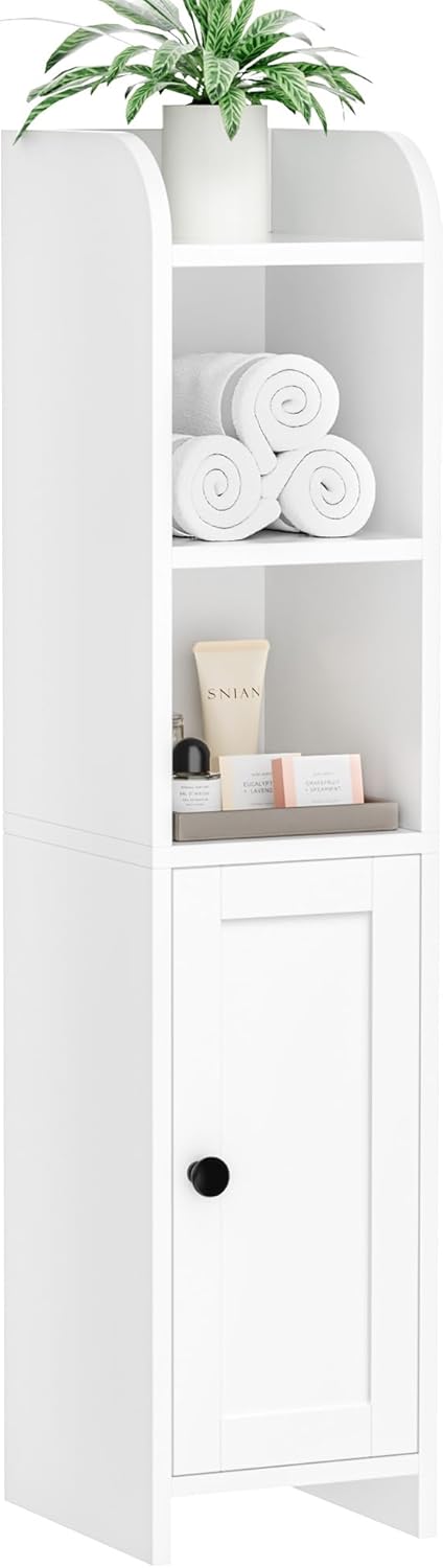 Homhedy Small Bathroom Storage Corner Floor Cabinet with Door and Shelves, Beside The Toilet Paper Stand for Skinny, Narrow Toilet Paper Cabinet, 7.9" D x 7.1" W x 31" H, White