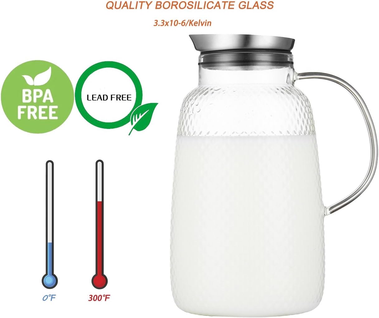 Purefold Pitcher with Lid, 78 oz Glass Jug with Stainless Steel Lid for Hot and Cold Water, Fruit Tea, Coffee Maker, Ice Tea, Juice, Pineapple Series (Clear)