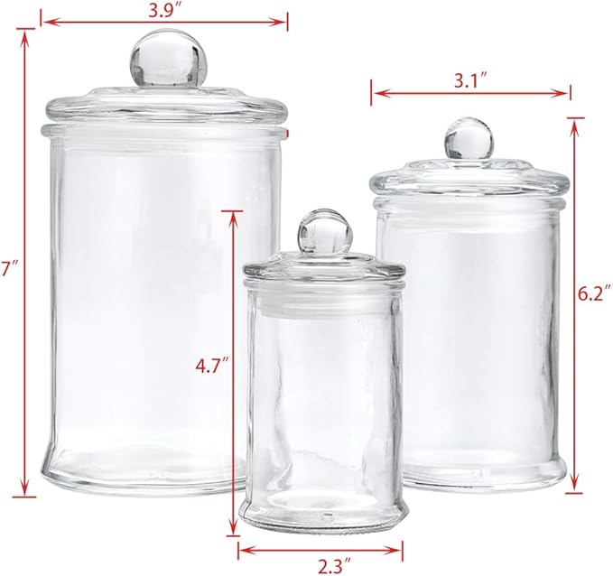 MDLUU Glass Canisters, Apothecary Jars with Airtight Lids, Bathroom Vanity Storage Organizer Containers for Qtip Cotton Swabs, Cotton Balls, Flossers, Bath Salt, Hair Tie, Set of 3