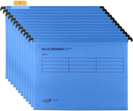 Hanging File folders,A4 Suspension Files with Tabs and Card Inserts for Filing Cabinets, Polypropylene A4 Hanging Filing Storage (Blue, Pack of 12)