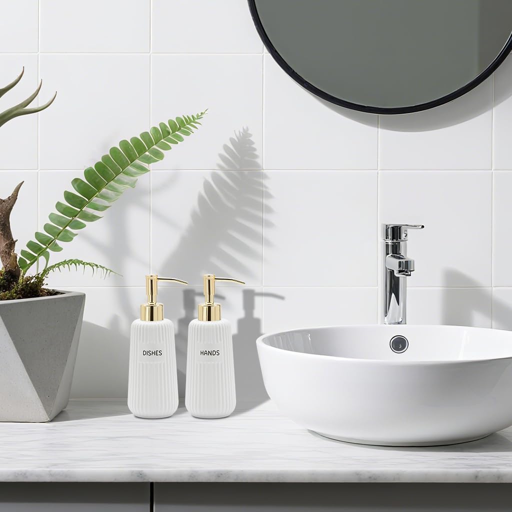 Kitchen Soap Dispenser Set with Gold Stainless Steel Pump and Funnel, Modern Ceramic Refillable Hand and Dish Soap Dispenser Set for Kitchen, Bathroom, Office, Hotel, Matte White