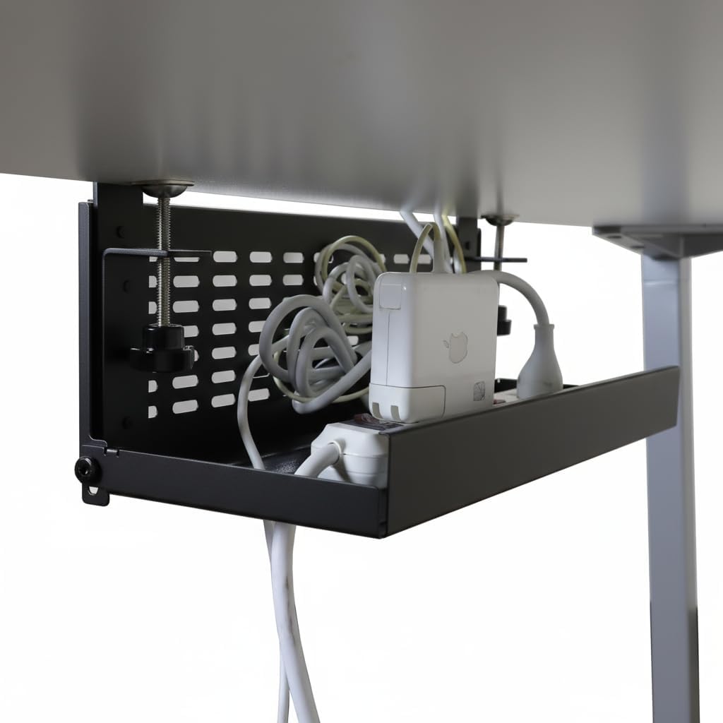 AEONS Universal Under Desk Cable Management Tray-Clamp Mount Hinged Swing Modesty Panel Organizer for Office Desks, Easy Access Flip-Down Position Power Strip Cord Storage No-Drill, 25 lb Capacity