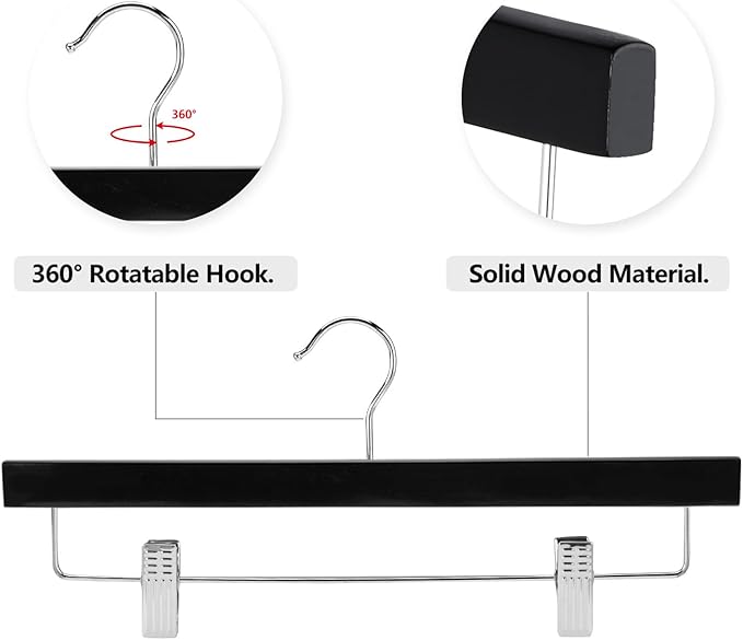 AMKUFO 20pcs Wooden Pants Hangers Solid Pants Hangers with Adjustable Clips 14 Inch Black Wood Skirt Hangers Trousers Bottom Hangers with Non-Slip Clips and 360° Swivel Hook