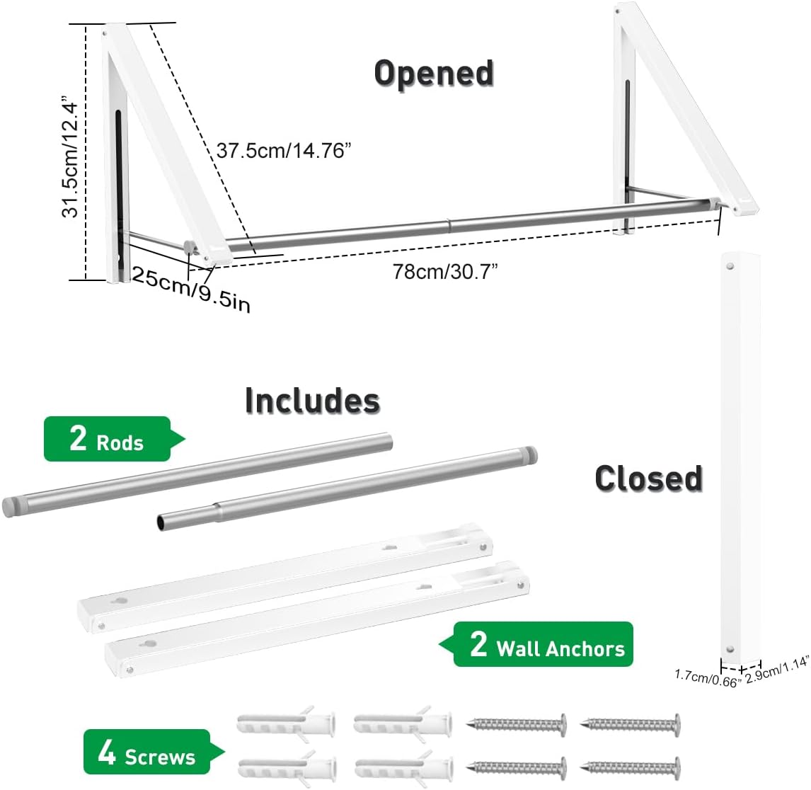 Laundry Room Drying Rack Wall Mounted Clothes Hanger Folding Wall Coat Racks Aluminum Home Storage Organiser Space Savers White 2 Rakcs with Rod