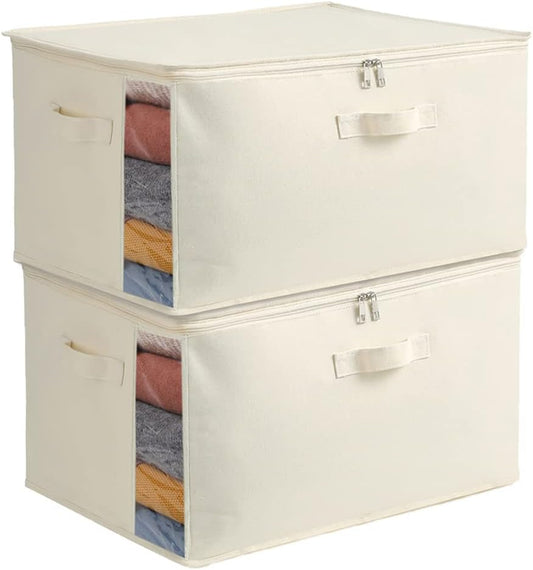 2 Pack Large Canvas Comforter Storage Bags Closet Organizer for Clothes Sweater Clothes Organizer with Dual Zipper Three Carrying Hand