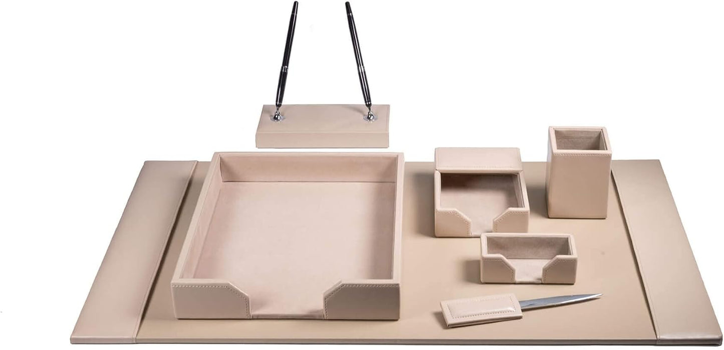 Dacasso Bonded Set Luxury Leather Desk Pad & Desk Organization Essentials, 7 Piece, White Latte
