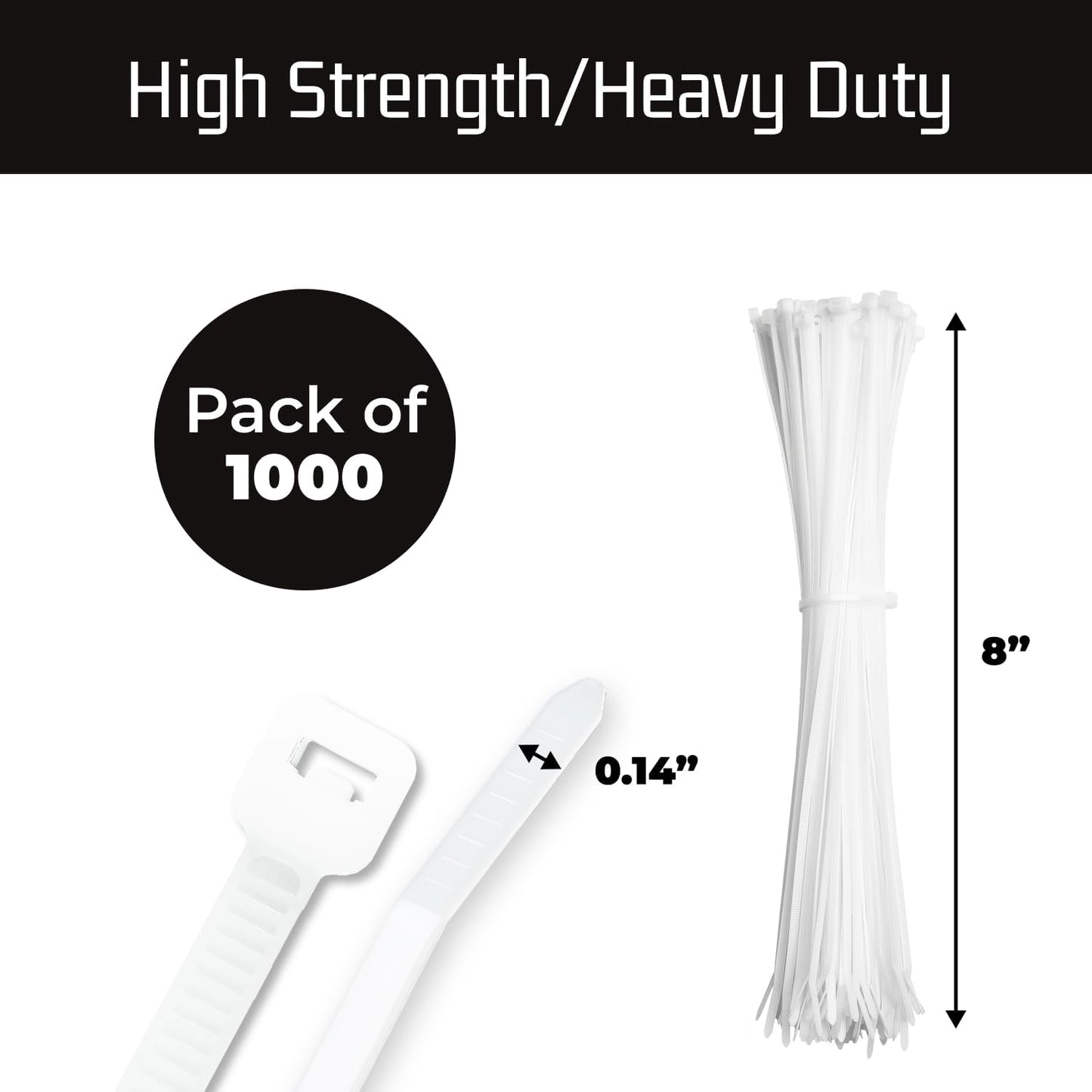 Bolt Dropper 8 Inch 1000 White Zip Cable Ties 40lbs Tensile Strength - Secure Projects with Confidence: Heavy Duty, Self-Lock Premium Nylon Cable Wire Ties for Indoor Outdoor Use