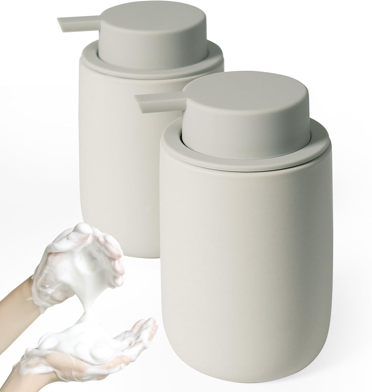 INGOFIN Ceramic Foaming Soap Dispenser Set, 2 Pack (12 oz) Bathroom Foam Hand Soap Dispenser with Pump, Hand and Dish Dispenser Set with 8 Pcs Clear Stickers,for Kitchen- Grey