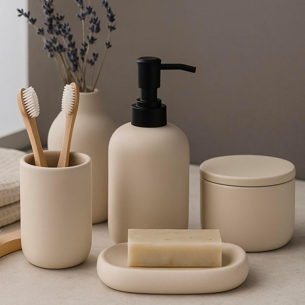 Ceramic Bathroom Accessories Set 4 Pcs – Modern Scandinavian Neutral Bathroom Soap Dispenser Set with Toothbrush Holder, Soap Dish & Cup – Minimalist Bathroom Accessory Set Decor - Cream/Light Beige