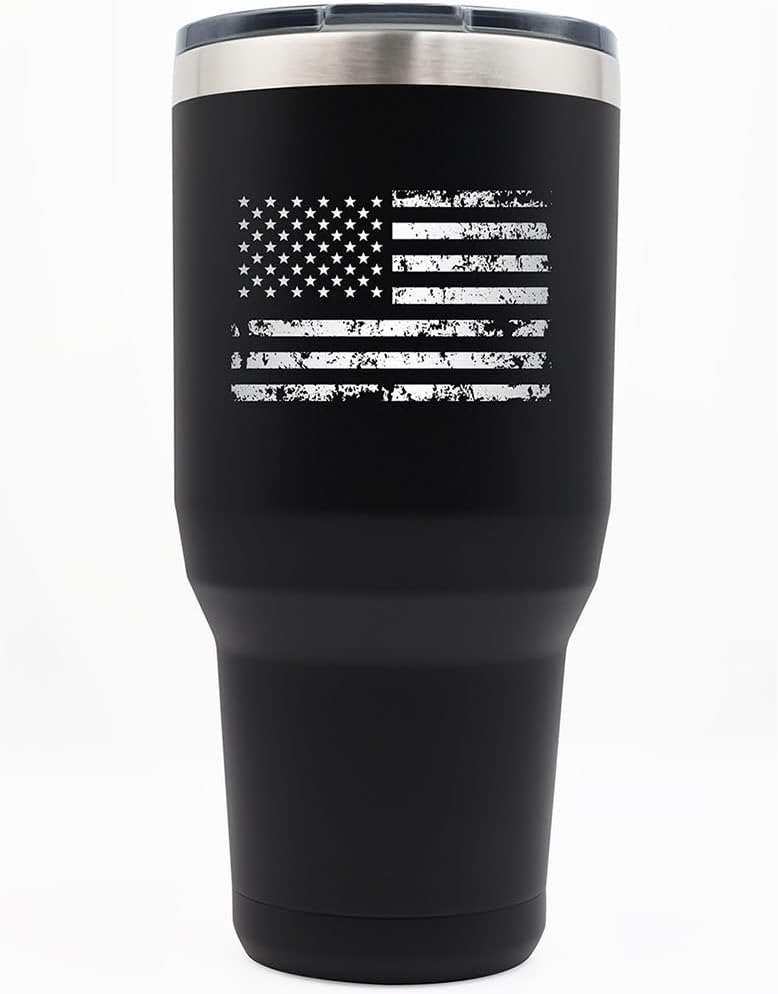 Yukon Outfitters Freedom High Grade 18/8 Stainless Steel Double Wall Vacuum Insulated Tumbler (40oz / 1183ml) - 8.8" H x 4.2" Top Dia. / 3" Bottom Dia., Black with 'Distressed USA Flag' Engraving