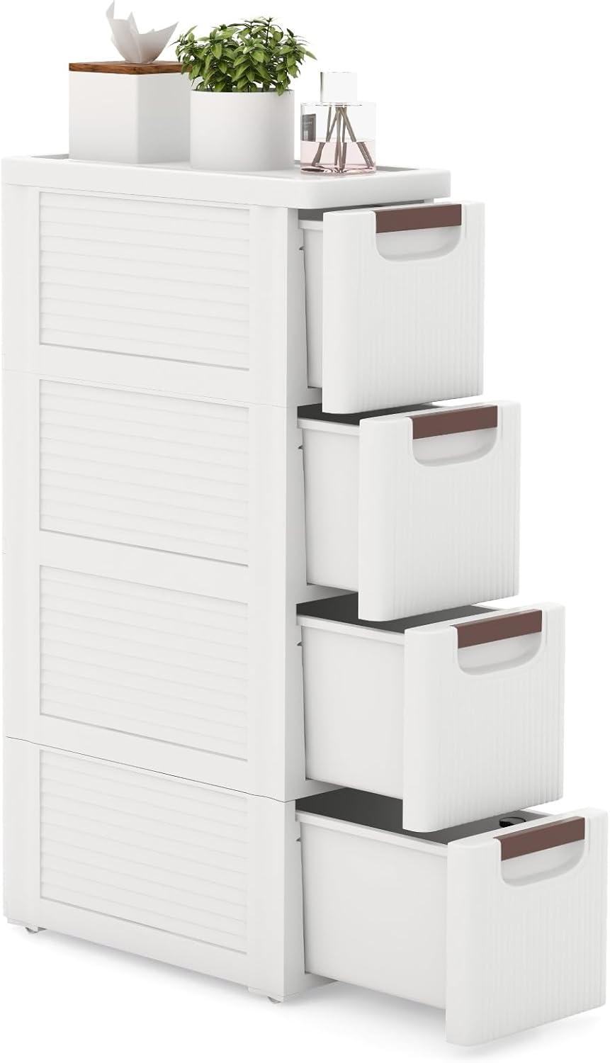 LOKO 4-Drawer Narrow Storage Cabinet, Slim Rolling Cart, Mobile Plastic Cart Container with Pull Handles, Built-in Wheels, for Living Room, Kitchen, Bathroom, Office (7.5"x16.5"x29.5" (4 Drawer))