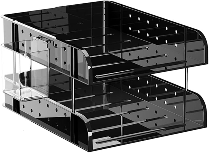 Black Acrylic Desk Organizer, Multi-Tier Letter Tray with Pen Holder, Office Storage for Documents and Supplies