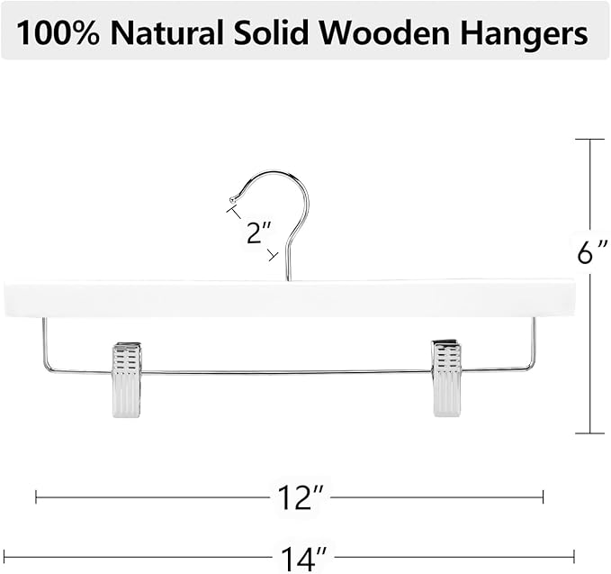 AMKUFO 20pcs Wooden Pants Hangers Solid Pants Hangers with Adjustable Clips 14 Inch White Wood Skirt Hangers Trousers Bottom Hangers with Non-Slip Clips and 360° Swivel Hook