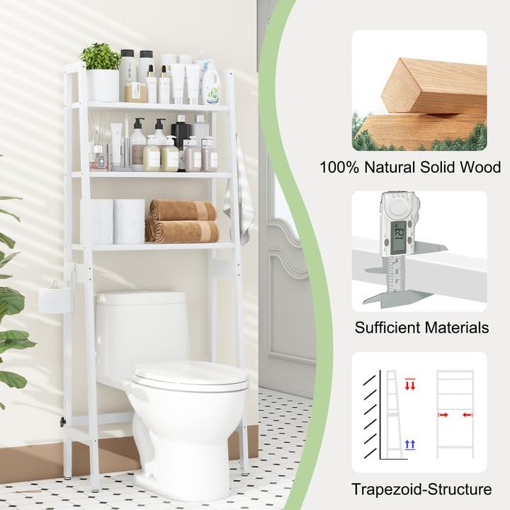 MallKing Over The Toilet Storage, Wooden 3-Tier Over-The-Toilet Rack Bathroom Space Saver Organizer, Freestanding Above Toilet with Toilet Paper Holder and Hooks (White)
