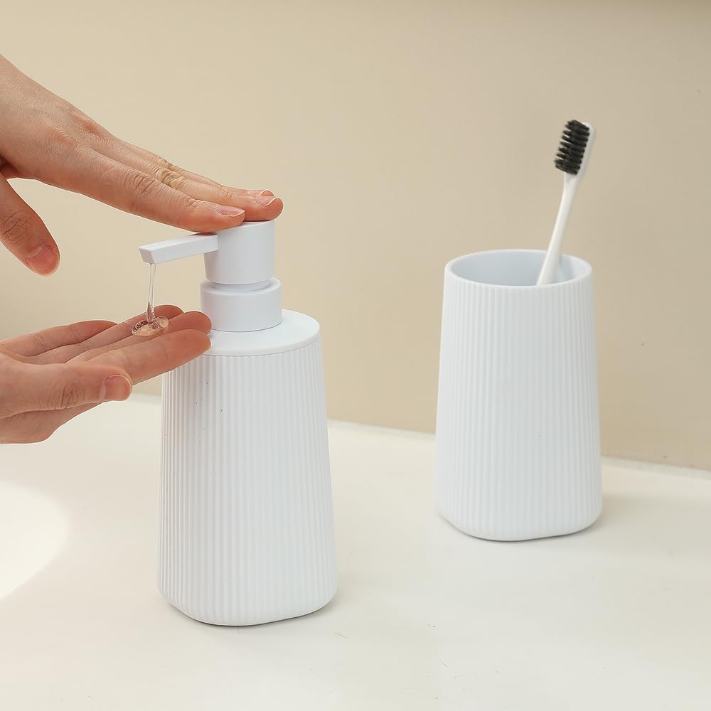 Bathroom Accessories 2 Piece Soap Dispenser and Toothbrush Holder Set Striped White